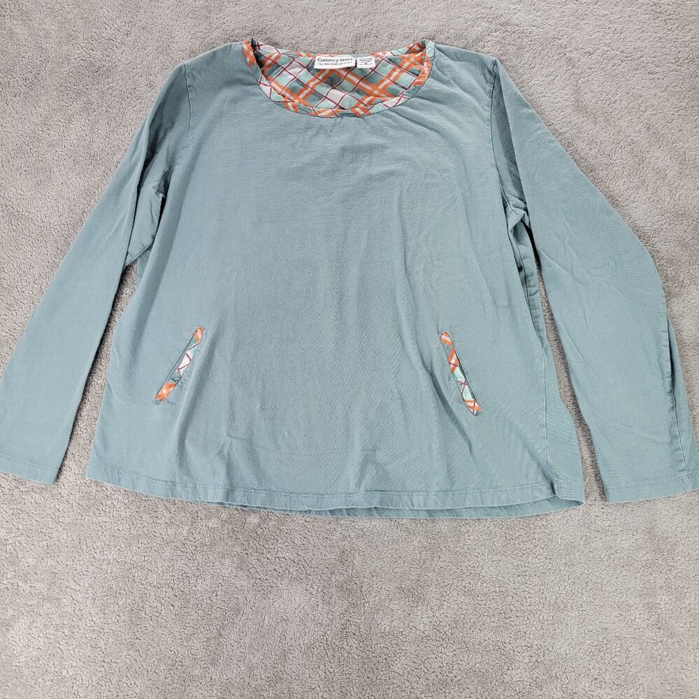 Country Store Plaid Trim Mint Green Long Sleeve Women's Top-XL 100% Cotton